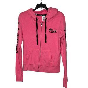 Pink Victoria's Secret Full Zip‎ Jacket Hooded Size XS Pink With Black Lettering